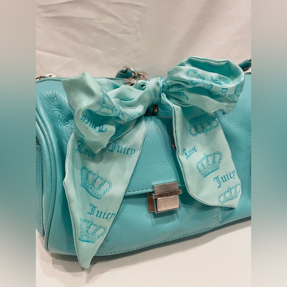 RARE NWT JUICY COUTURE VINTAGE Blue Leather Silver Accent Silk Bow Barrel Bag - Picture 4 of 15